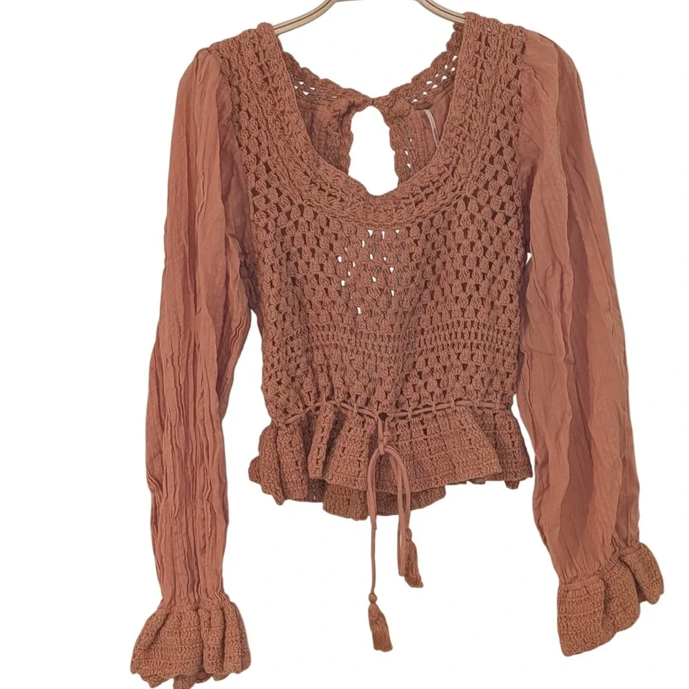 Free People Megan Crochet Open Back Peplum Top Long Sleeve Boho Small‎